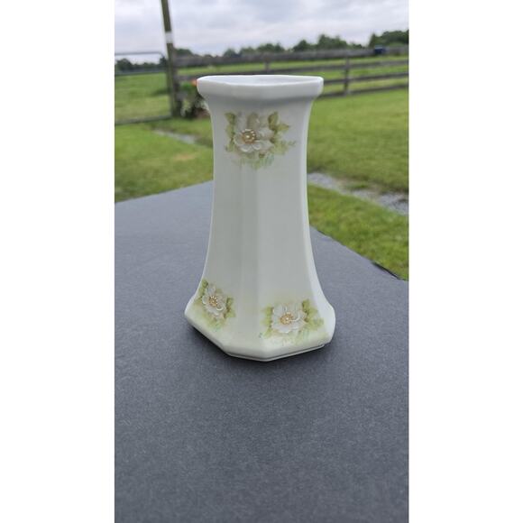 Vintage MZ Austria Hat Pin Vase Hand Painted Porcelain Floral 6" Embossed Flower - Picture 3 of 9